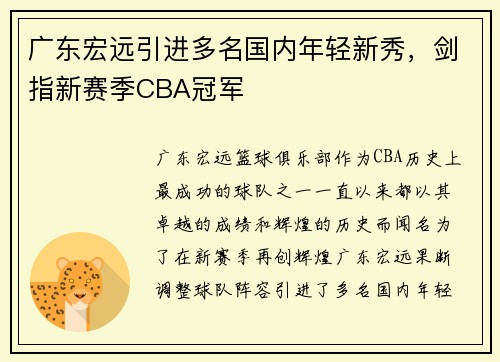 广东宏远引进多名国内年轻新秀，剑指新赛季CBA冠军