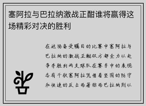 塞阿拉与巴拉纳激战正酣谁将赢得这场精彩对决的胜利